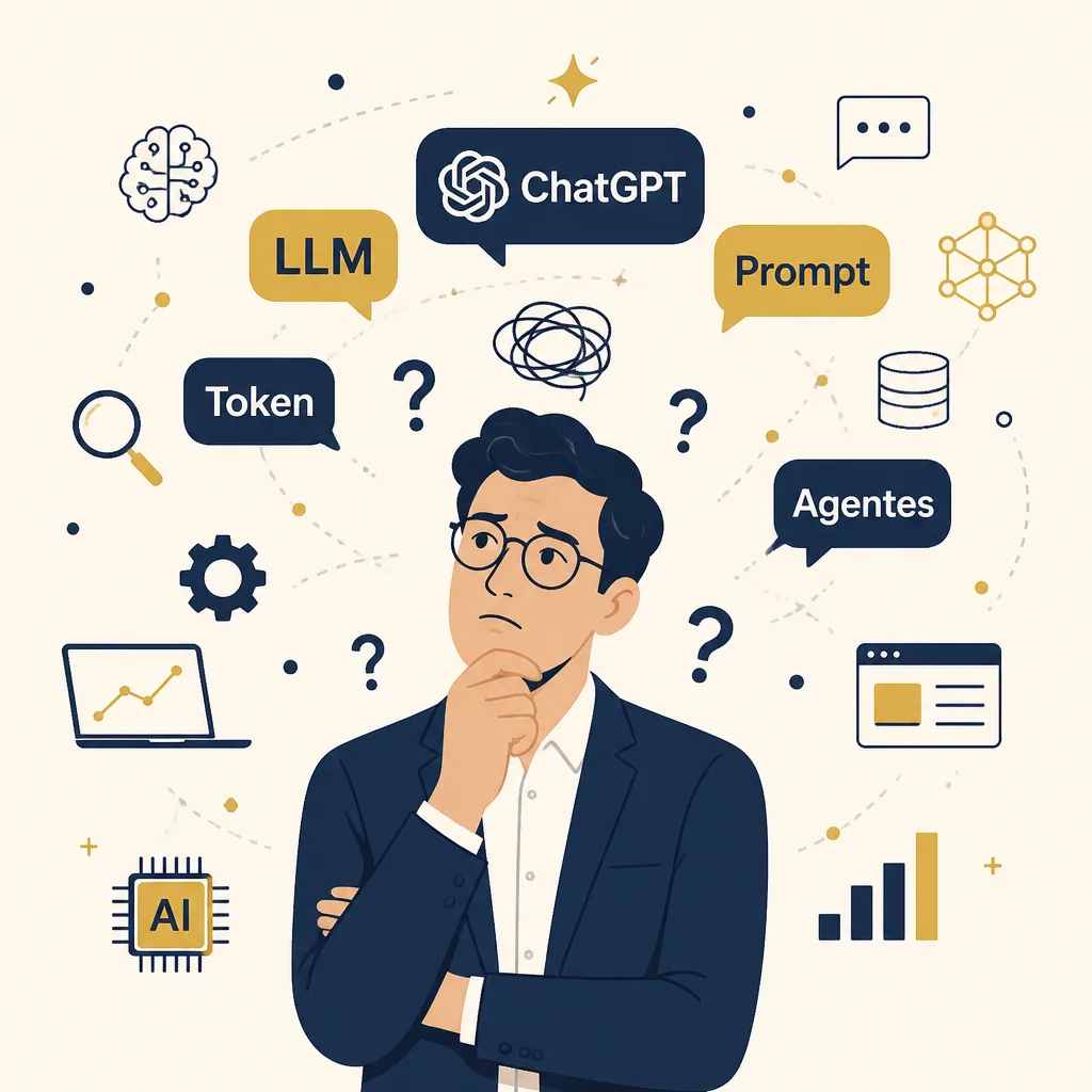 Profissional confuso com termos de IA como ChatGPT, LLM, Prompt e Token